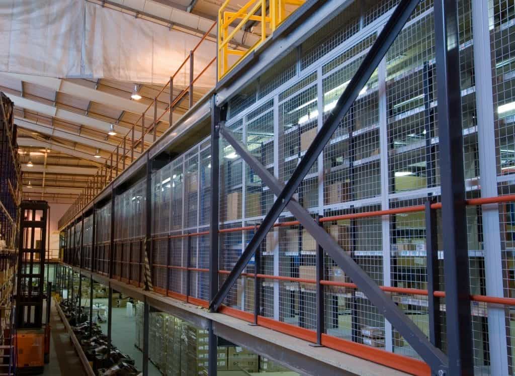 mezzanine with stock in logistics warehouse