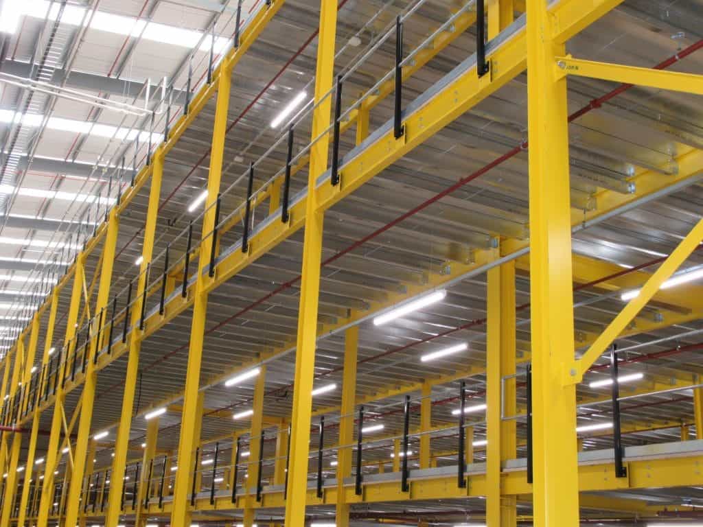 large automated warehouse with multi tier mezzanine