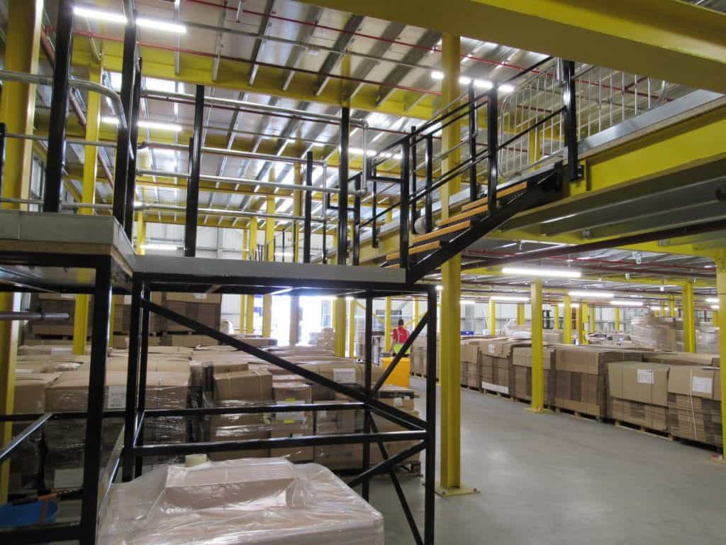 large automated warehouse with multi tier mezzanine