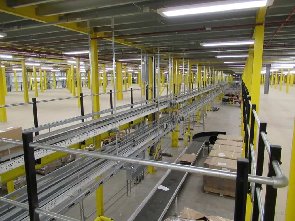 large automated warehouse with multi tier mezzanine