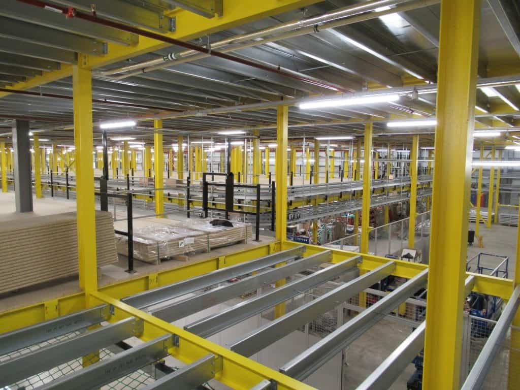 large automated warehouse with multi tier mezzanine