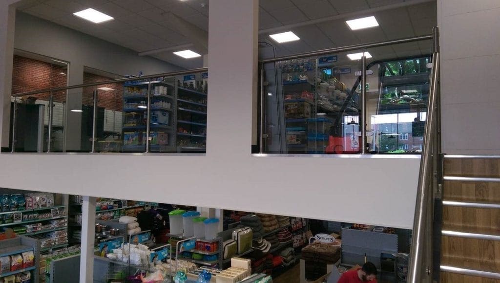 mezzanine with glass and stainless steel