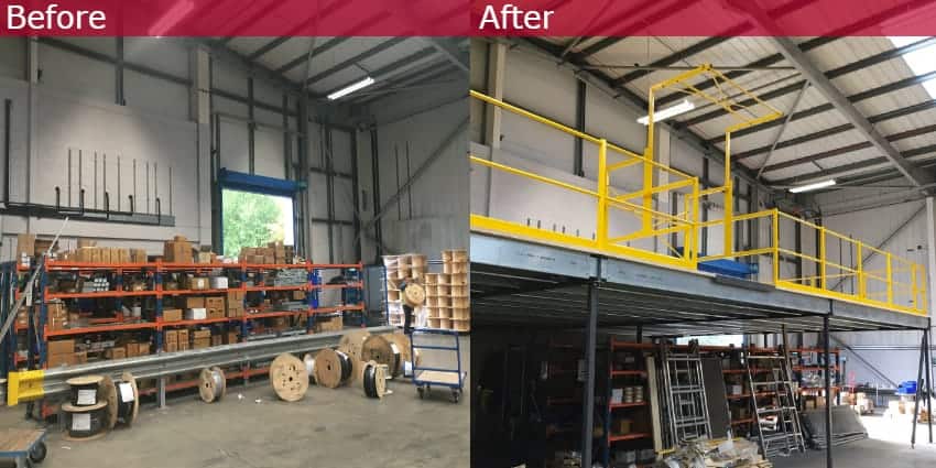 before and after graphic showing warehouse with and without mezzanine floor