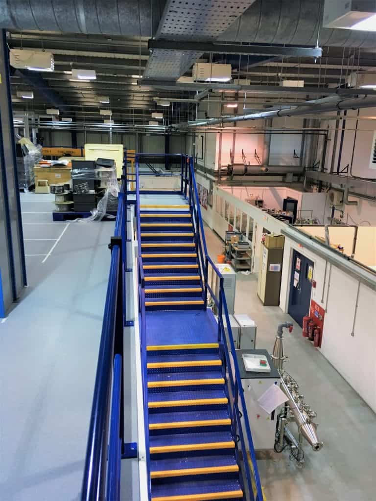 blue staircase for mezzanine floor