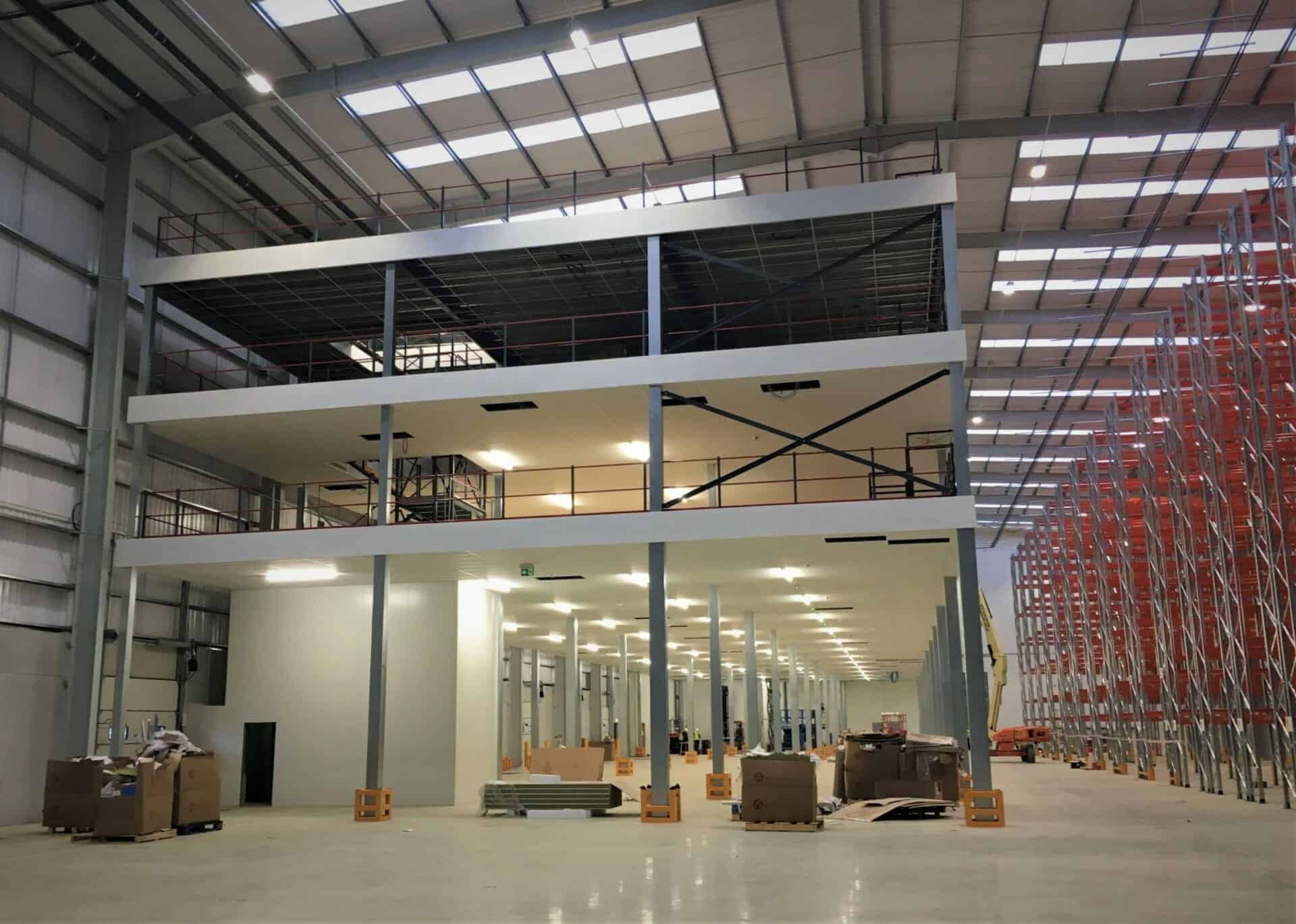 multi tier mezzanine with fire protection in warehouse