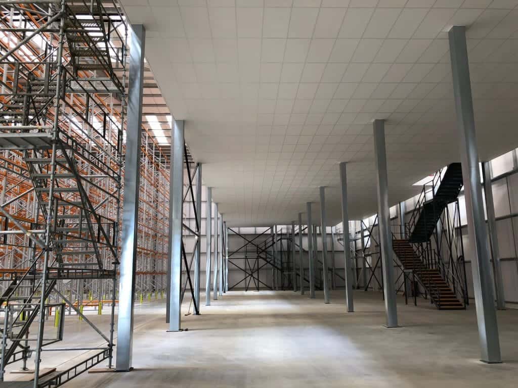 view from under mezzanine floor showing fire protection system