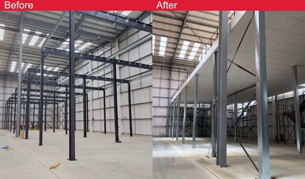 before and after showing mezzanine floor during construction and when completed