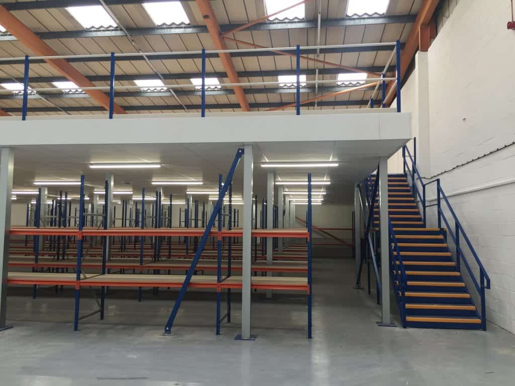 mezzanine floor in warehouse with shelving