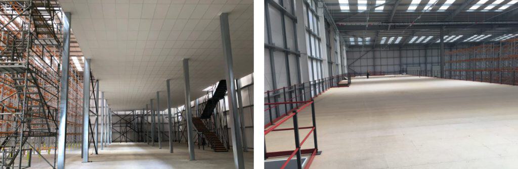 gallery of two mezzanine floor images showing above and below mezzanine