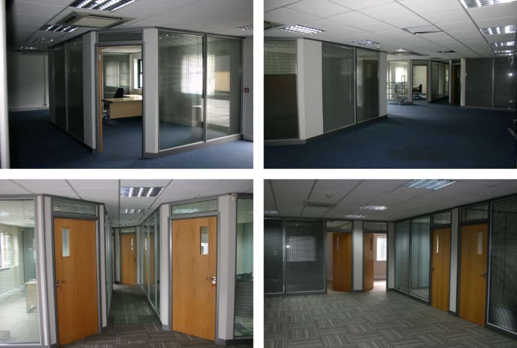 gallery of four images showing offices with glass partitioning and wooden doors on mezzanine floor