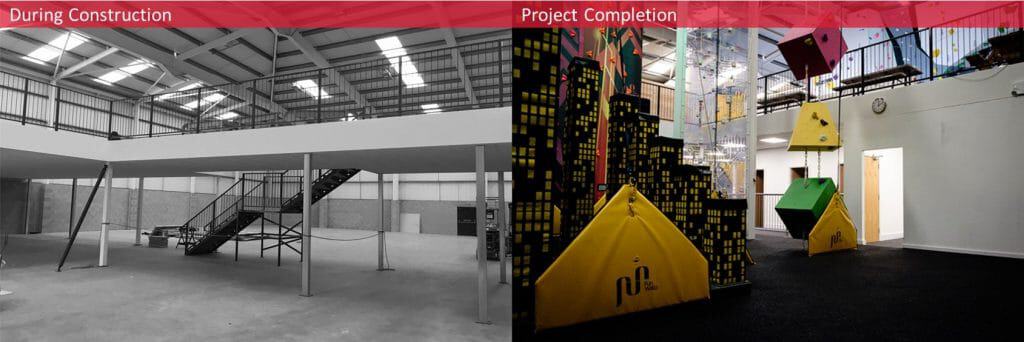 before and after installation of mezzanine floor at climbing centre