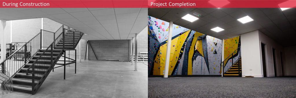 before and after installation of mezzanine floor at climbing centre