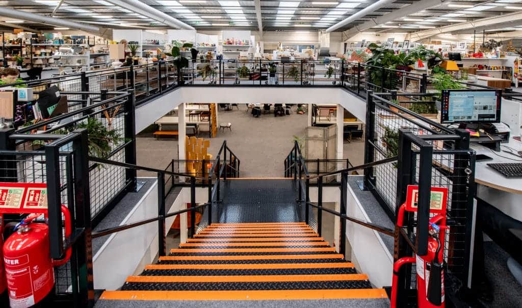 mezzanine floor in large open plan retail showroom