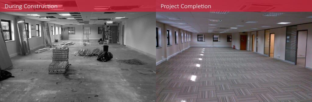 gallery of two images showing mezzanine offices during and after construction