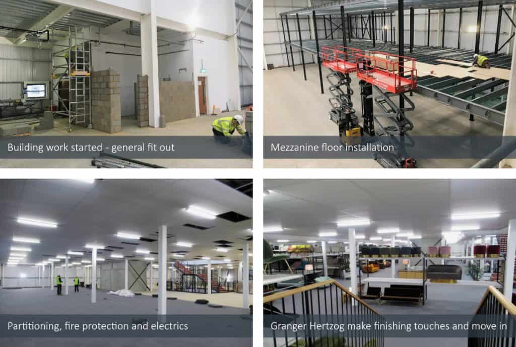 gallery of four images showing stages of mezzanine floor build