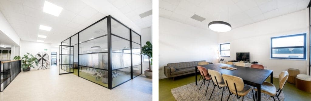 glass meeting room space on mezzanine floor