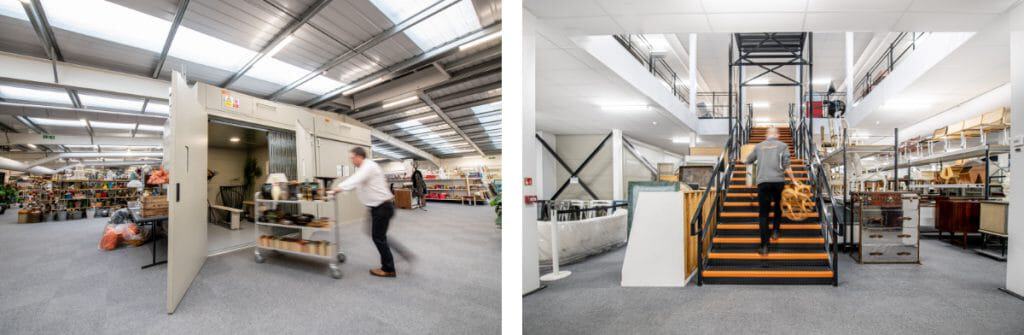 gallery of two images showing staff using mezzanine floor in retail showroom