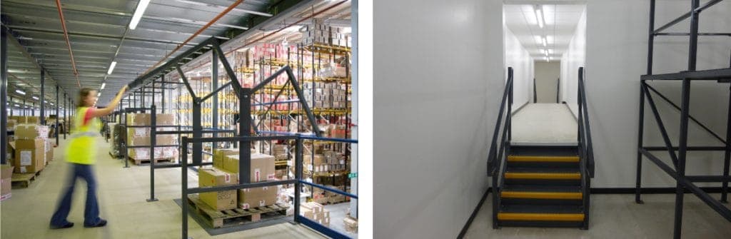 two images showing mezzanine floor pallet gate and staircase