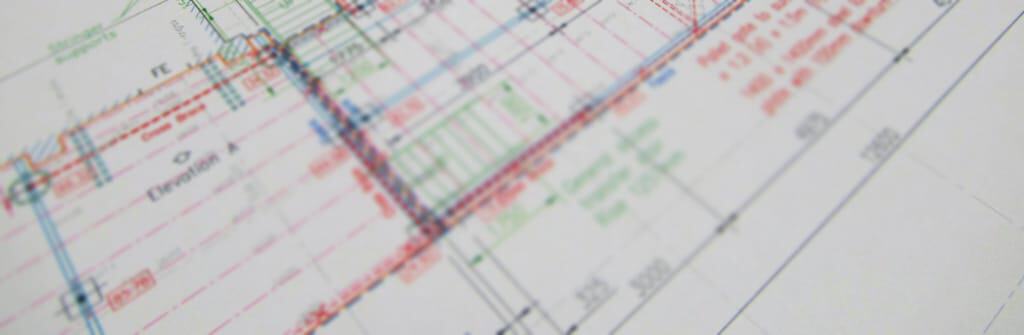 close up of portion of printed autocad drawing