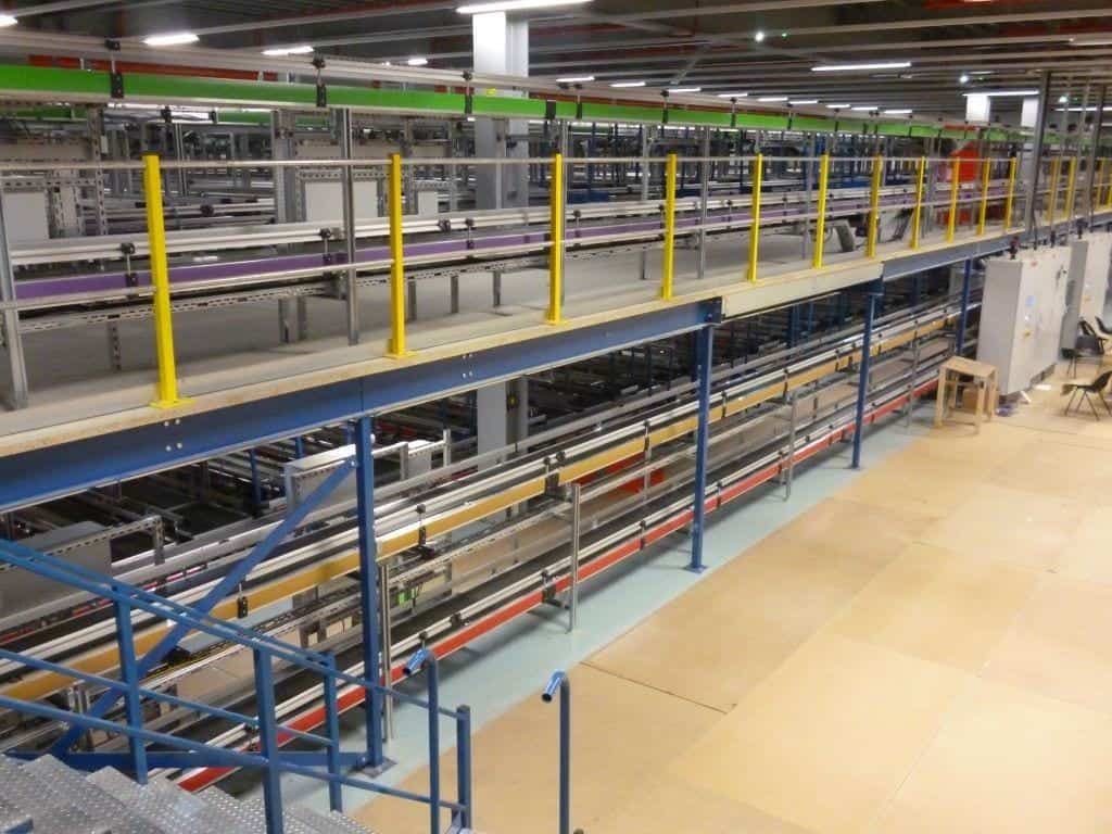 mezzanine floor in automated warehouse with conveyors