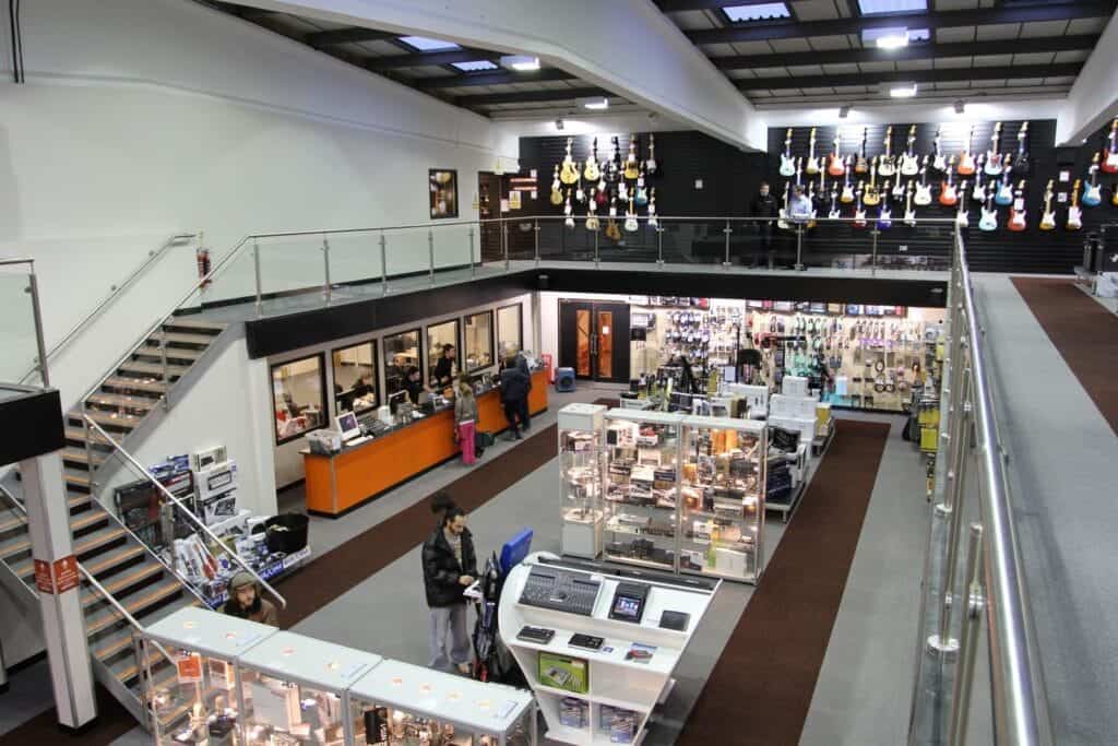 music store showroom with mezzanine floor