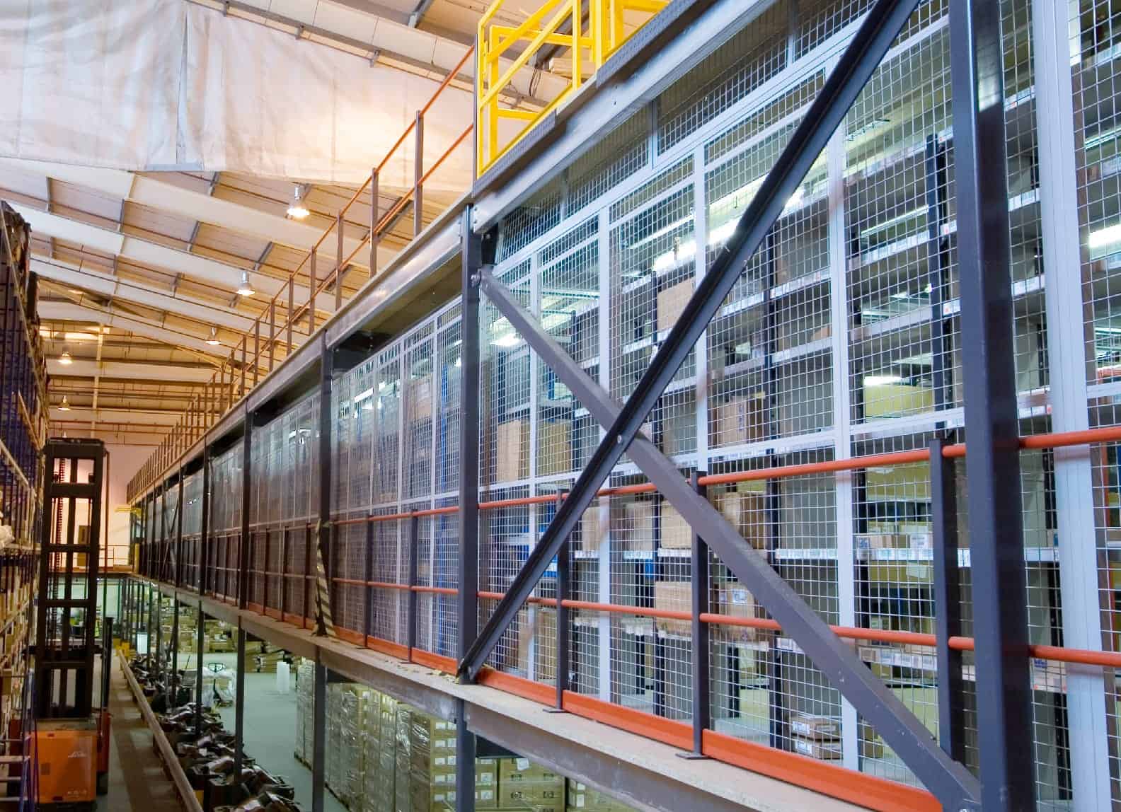 mezzanine with stock in logistics warehouse