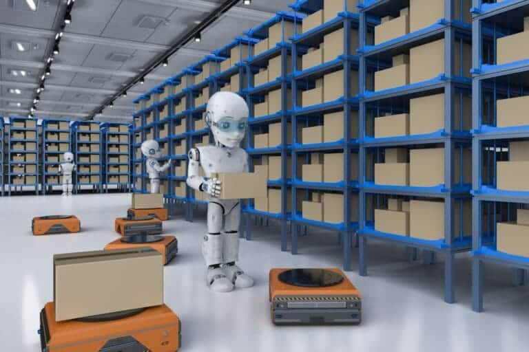 robot with racking containing parcels