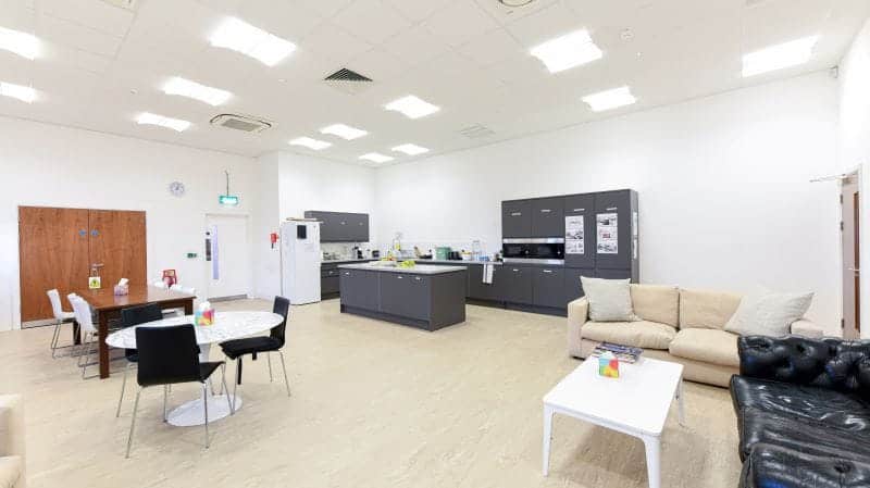 work break room with kitchen area