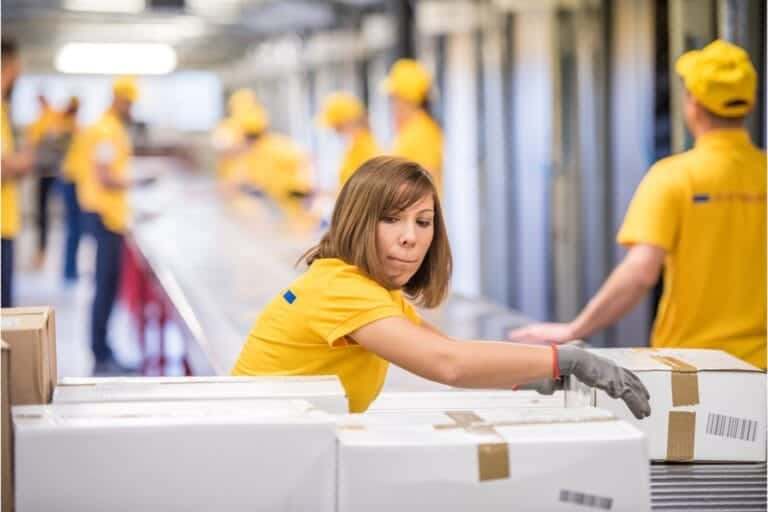 person handling parcels in warehouse facility
