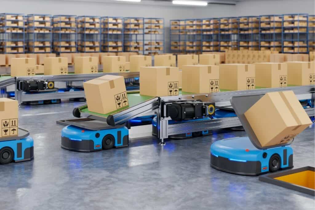 parcels moving from conveyors to robots