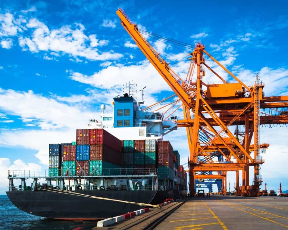 container ship being loaded at port